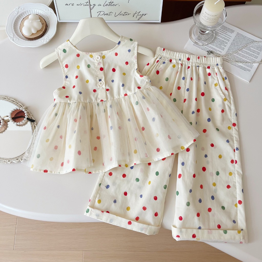 Set Đồ Bé Gái, Set Áo Ba Lỗ Quần Suông Chấm Bi Cho Bé Gái Chất Liệu Cotton Thoáng Mát