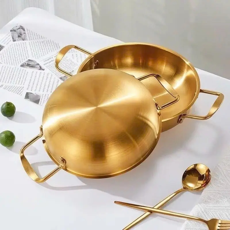 Chảo Mạ Vàng Size 20cm, Chất Liệu Thép Không Gỉ Màu Vàng Sang Trọng Phong Cách Hàn Quốc, Có 2 Quai Cầm Chống Nóng