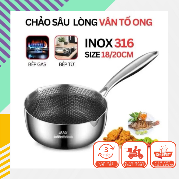 Chảo Quánh Sâu Lòng Tổ Ong 18cm Cao Cấp Chống Dính 5 Lớp Inox 316 Dùng Bếp Từ, Bếp Ga, Lò Sưởi, Bếp Điện