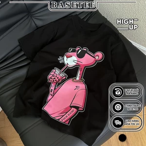Áo thun đen Pink Panther 100% cotton co giãn thấm hút mồ hôi 40-100kg form suông Unisex Basetee