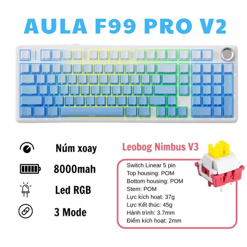 Bàn phím cơ AULA F99 Pro V2- 3 mode kết nối- Mạch xuôi- LED RGB- Hotswap- Hỗ trợ app - SAIGONCOMPUTER