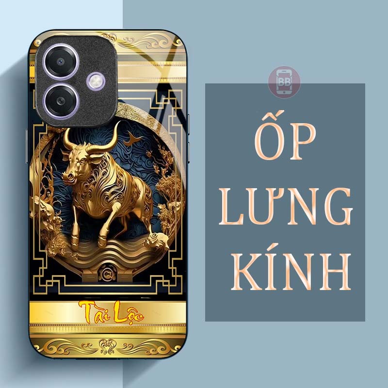 Ốp Lưng OPPO A3, A3X, A5 PRO Mặt Lưng Kính Cường Lực In Hình 12 con giáp Tài Lộc