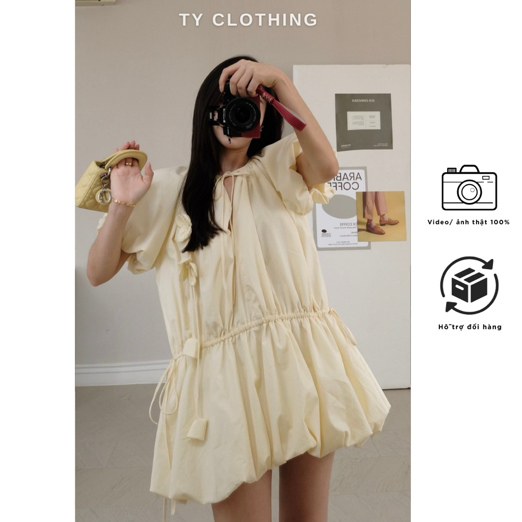 Set váy BaBy Doll rút dây kèm hoa - Hàng Thiết Kế - TY CLOTHING