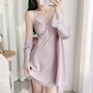 V53(Deal Mở Bán) Sét Váy+Choàng Ngủ Nữ Chất Lụa Lattin Phối Ren Mềm Mại Nhẹ Nhàng Có Kèm Lót Đệm Phương Linh Underwear