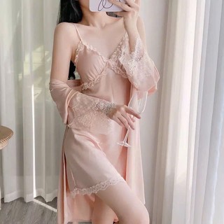 V53(Deal Mở Bán) Sét Váy+Choàng Ngủ Nữ Chất Lụa Lattin Phối Ren Mềm Mại Nhẹ Nhàng Có Kèm Lót Đệm Phương Linh Underwear