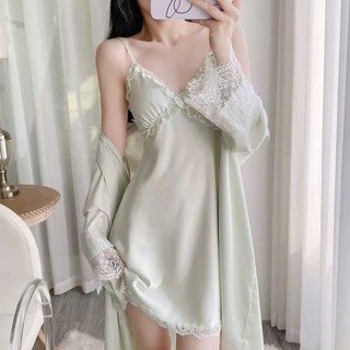 V53(Deal Mở Bán) Sét Váy+Choàng Ngủ Nữ Chất Lụa Lattin Phối Ren Mềm Mại Nhẹ Nhàng Có Kèm Lót Đệm Phương Linh Underwear