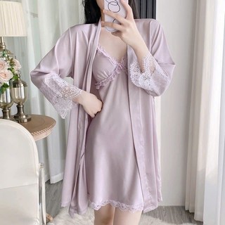 V53(Deal Mở Bán) Sét Váy+Choàng Ngủ Nữ Chất Lụa Lattin Phối Ren Mềm Mại Nhẹ Nhàng Có Kèm Lót Đệm Phương Linh Underwear