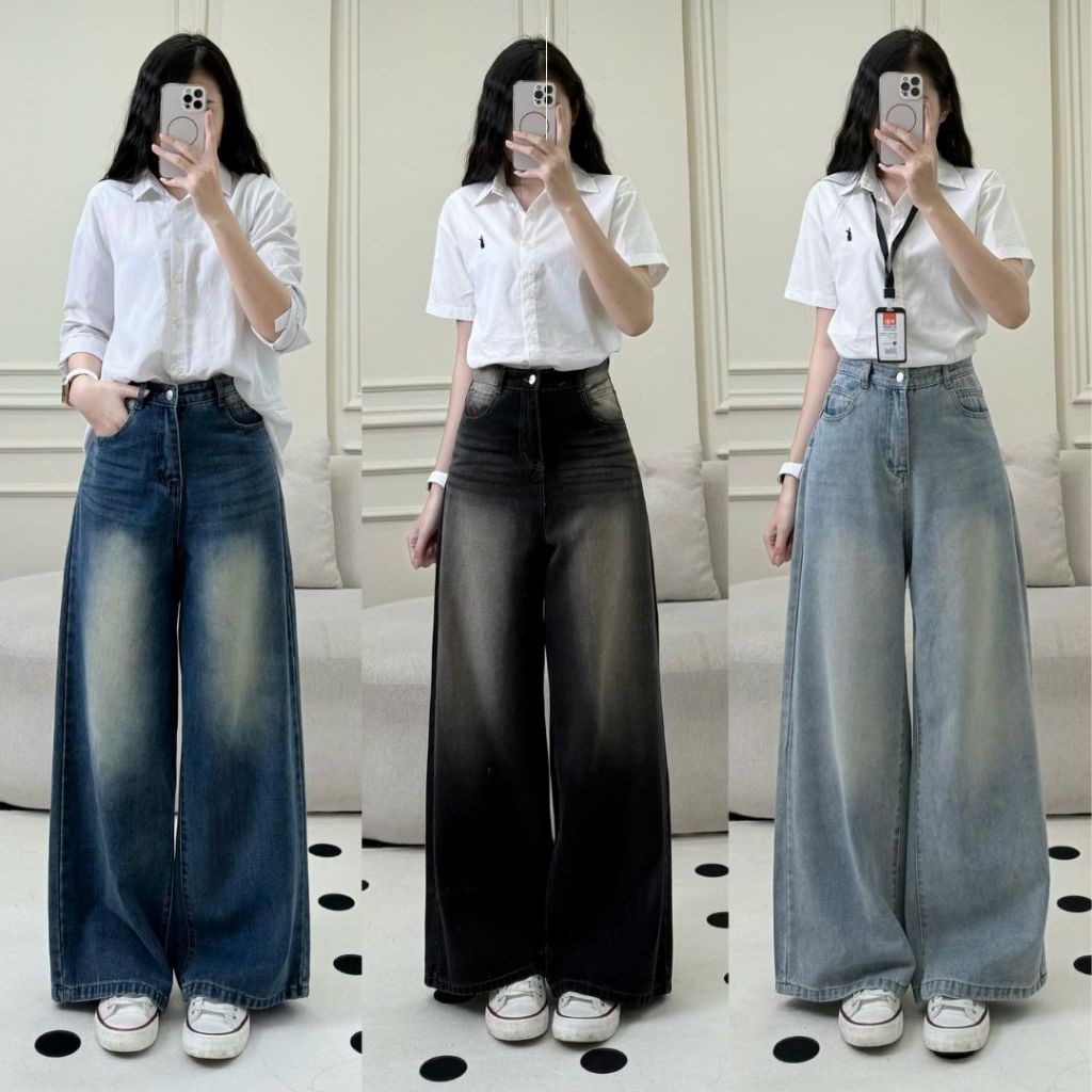 Quần jean nữ ống rộng cạp cao phong cách RETRO quần bò suông Joolate ống đứng Vintage Hàn Quốc