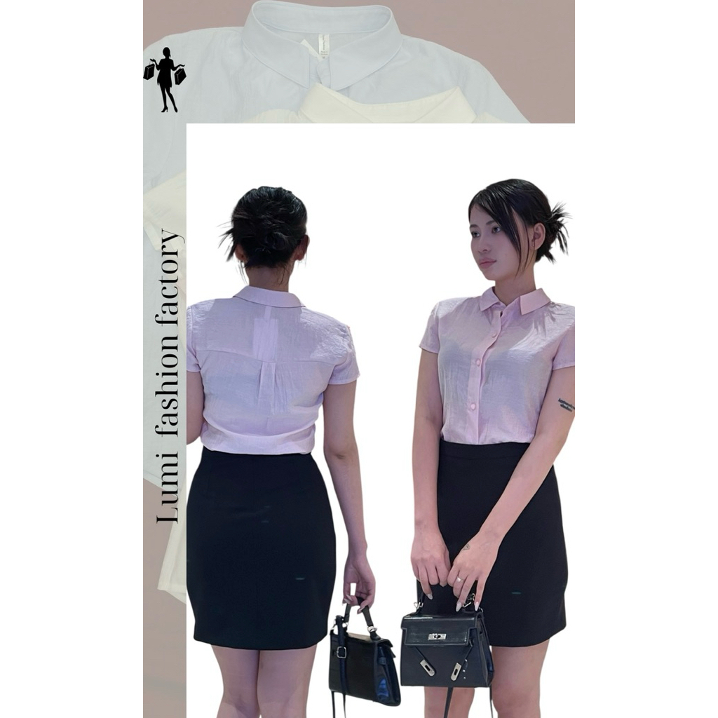 LUMI - Áo sơ mi nữ tay ngắn vải tơ thoáng mát, dáng thanh lịch mặc đi làm đi chơi mùa hè