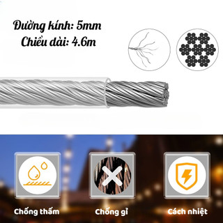 Dây Cáp Inox 4.6M Có Khóa Carabiner 2 Đầu | Dây Thép Bọc PVC 5mm Treo Đèn Căng Rèm Ngoài Trời