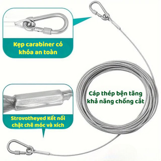 Dây Cáp Inox 4.6M Có Khóa Carabiner 2 Đầu | Dây Thép Bọc PVC 5mm Treo Đèn Căng Rèm Ngoài Trời