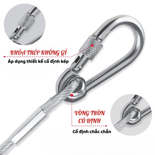 Dây Cáp Inox 4.6M Có Khóa Carabiner 2 Đầu | Dây Thép Bọc PVC 5mm Treo Đèn Căng Rèm Ngoài Trời