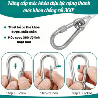Dây Cáp Inox 4.6M Có Khóa Carabiner 2 Đầu | Dây Thép Bọc PVC 5mm Treo Đèn Căng Rèm Ngoài Trời
