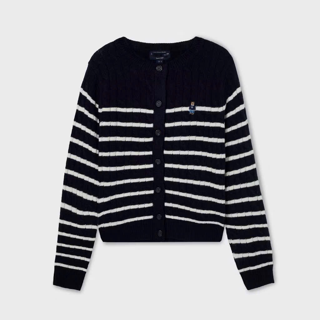 New 2026 Áo cardigan len navy sọc trắng hoạ tiết vặn thừng form basic dài tay cài cúc trẻ Kèm Ảnh Thật