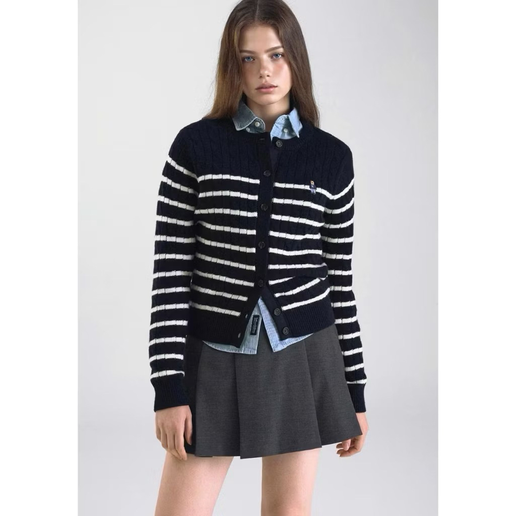 New 2026 Áo cardigan len navy sọc trắng hoạ tiết vặn thừng form basic dài tay cài cúc trẻ Kèm Ảnh Thật