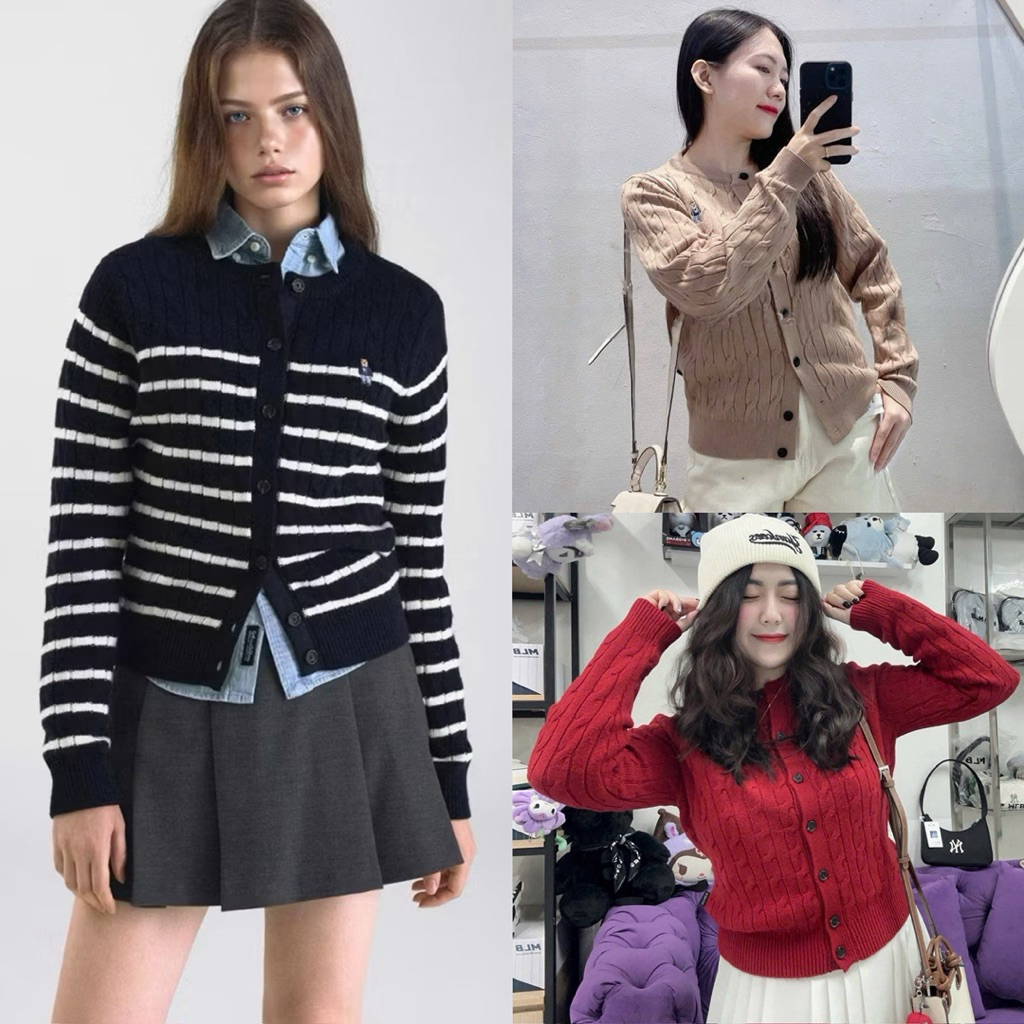 New 2026 Áo cardigan len navy sọc trắng hoạ tiết vặn thừng form basic dài tay cài cúc trẻ Kèm Ảnh Thật