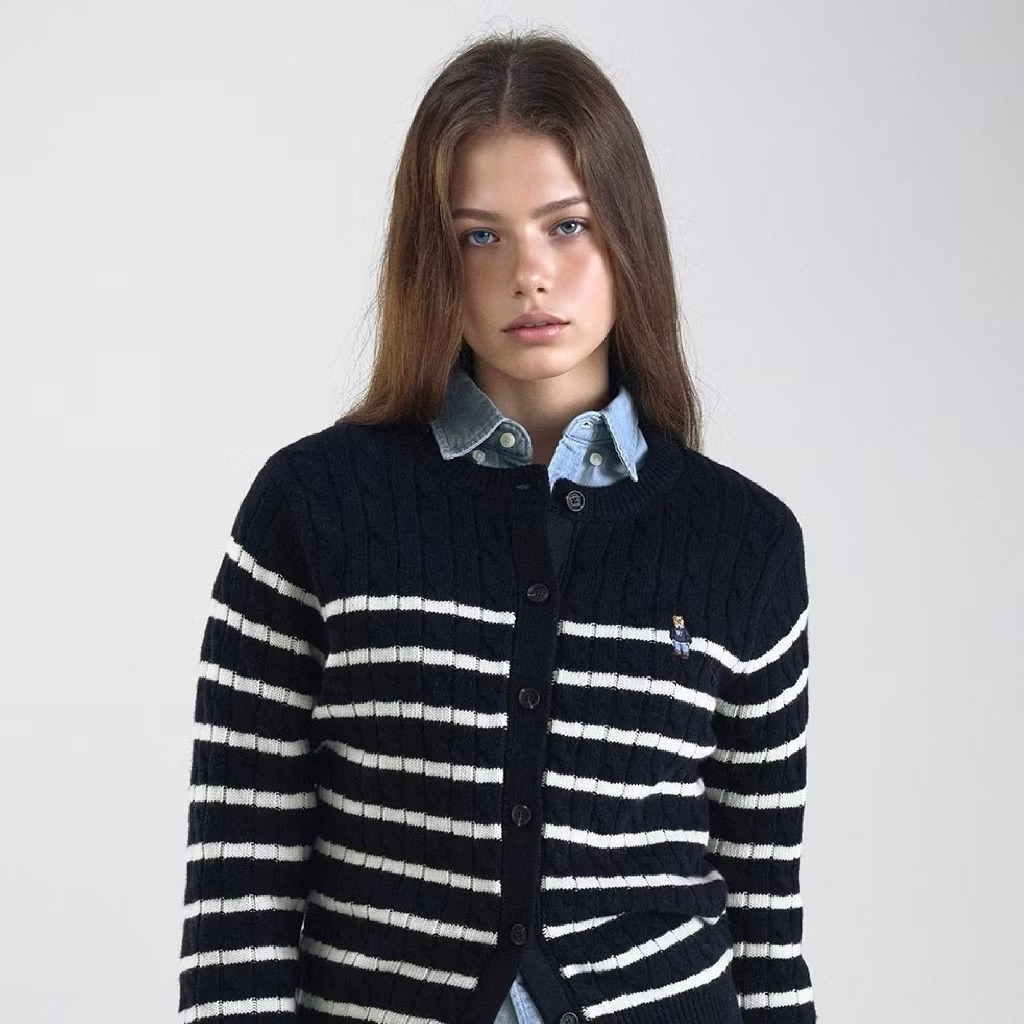New 2026 Áo cardigan len navy sọc trắng hoạ tiết vặn thừng form basic dài tay cài cúc trẻ Kèm Ảnh Thật