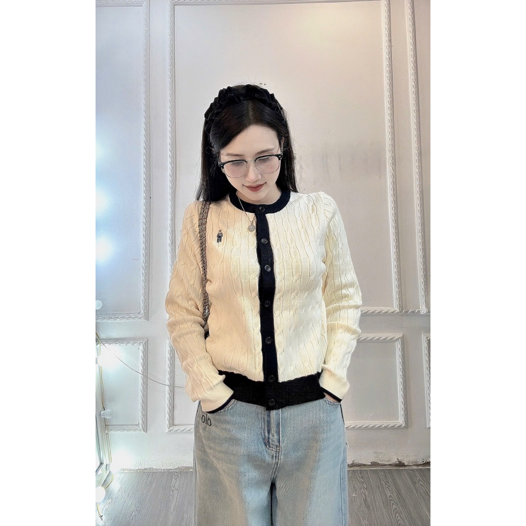 New 2026 Áo cardigan len navy sọc trắng hoạ tiết vặn thừng form basic dài tay cài cúc trẻ Kèm Ảnh Thật