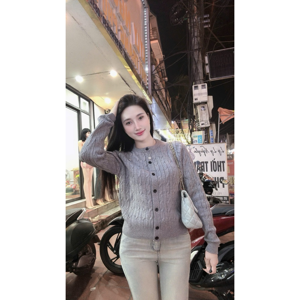New 2026 Áo cardigan len navy sọc trắng hoạ tiết vặn thừng form basic dài tay cài cúc trẻ Kèm Ảnh Thật