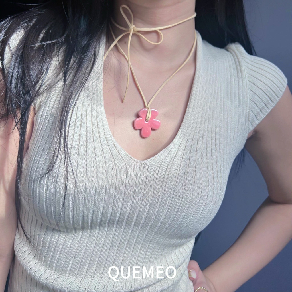 Vòng Cổ Hoa Gốm Thủ Công Nhiều Màu Sắc QUEMEO handmade Dây Da Dáng Dài