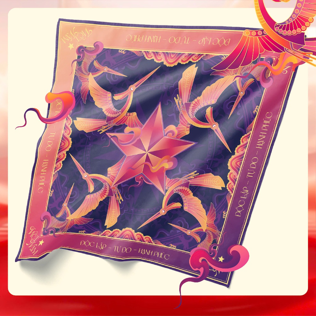 Khăn Bandana Việt Nam Lụa 60x60 |Họa Tiết Chim Lạc – Kỷ Niệm 80 Năm Quốc Khánh| Limited edition 40C