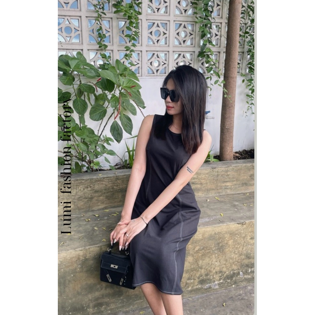 (Mới) LUMI - Đầm công sở nữ dáng chữ A màu đen vải cotton thiết kế chỉ nổi tinh tế đi chơi đi làm
