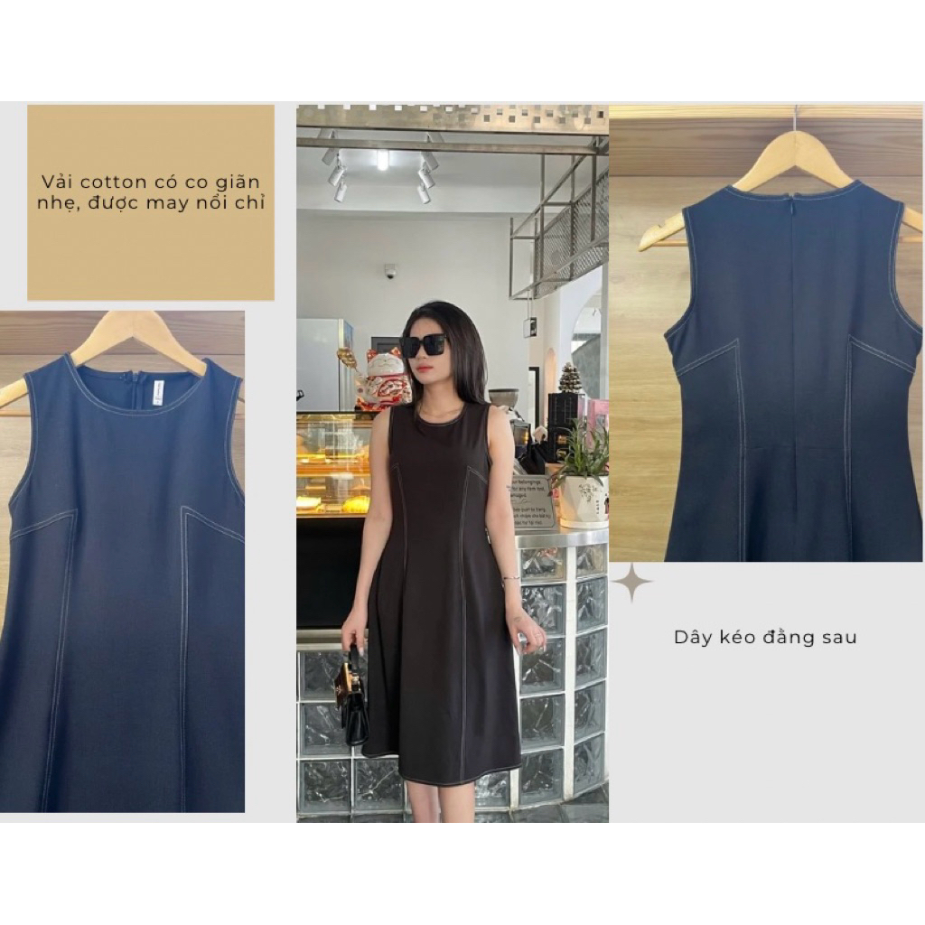 (Mới) LUMI - Đầm công sở nữ dáng chữ A màu đen vải cotton thiết kế chỉ nổi tinh tế đi chơi đi làm