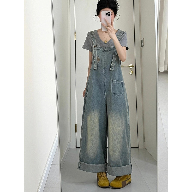 [YU]Quần yếm denim nữ trẻ trung, ống rộng thoải mái, thiết kế jumpsuit thẳng hiện đại.