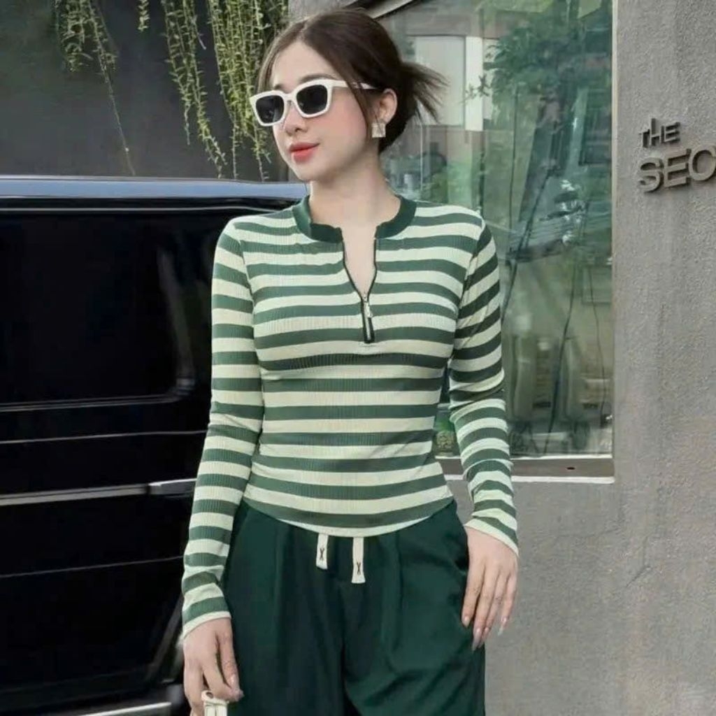 ÁO SỌC DÀI TAY CỔ TRÒN PHỐI KHÓA KÉO ; Chất Vải Co Giãn