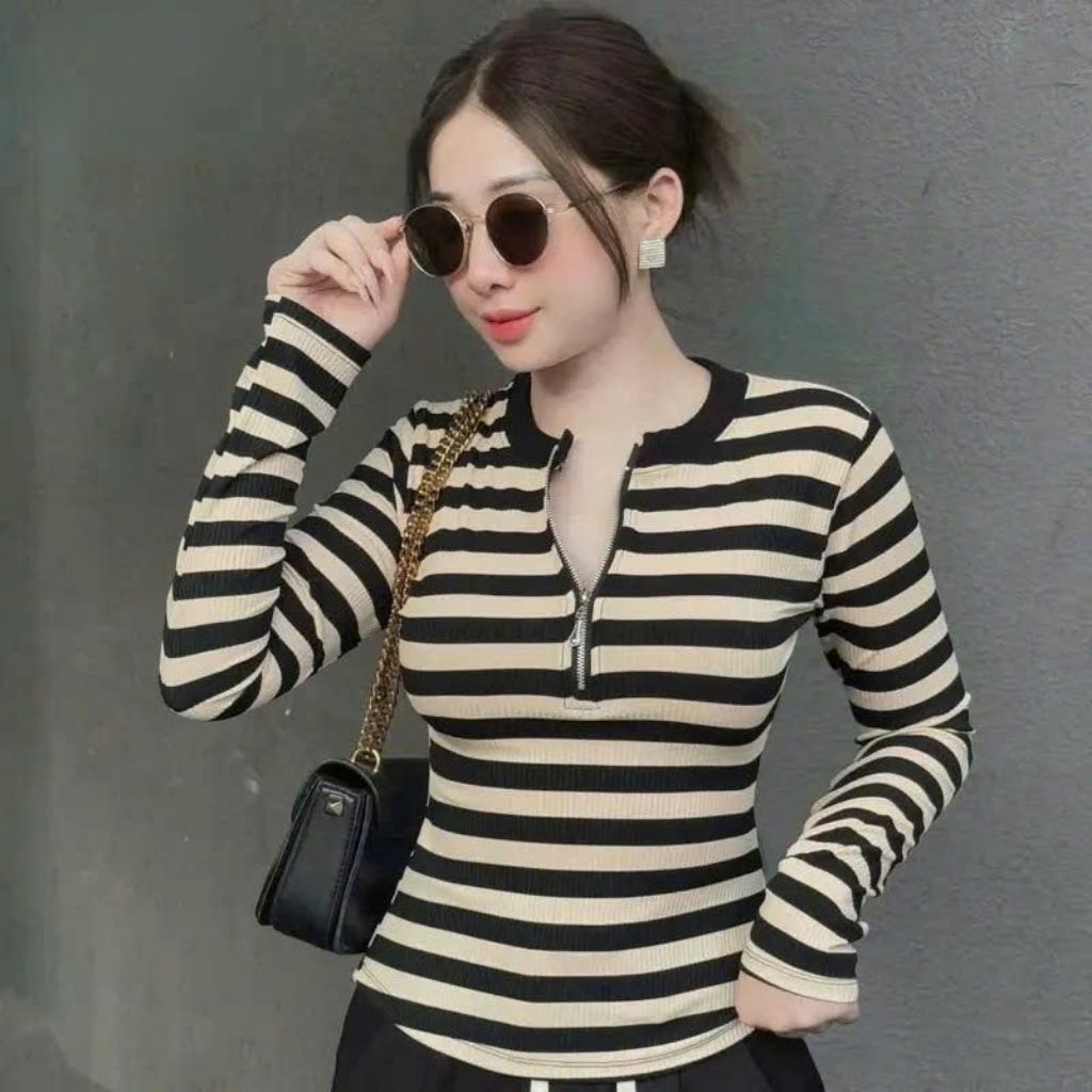 ÁO SỌC DÀI TAY CỔ TRÒN PHỐI KHÓA KÉO ; Chất Vải Co Giãn