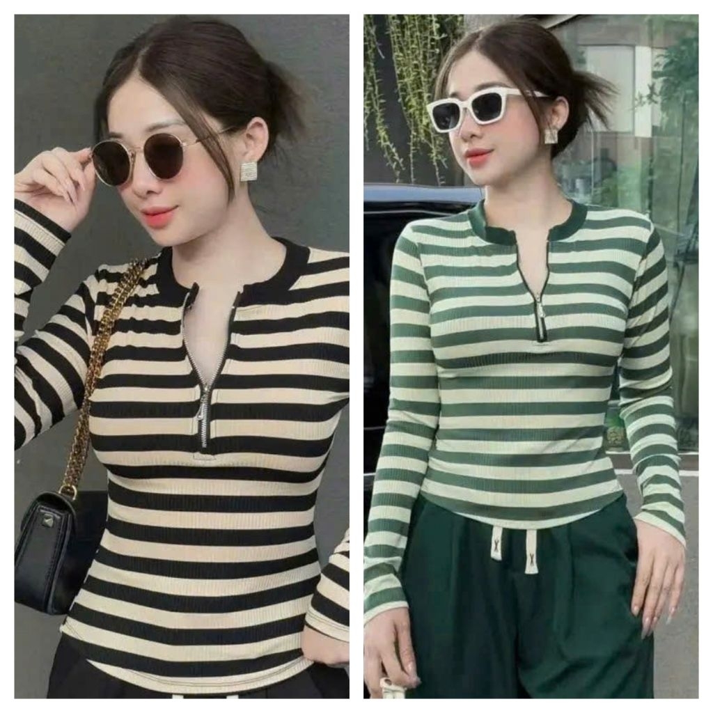 ÁO SỌC DÀI TAY CỔ TRÒN PHỐI KHÓA KÉO ; Chất Vải Co Giãn
