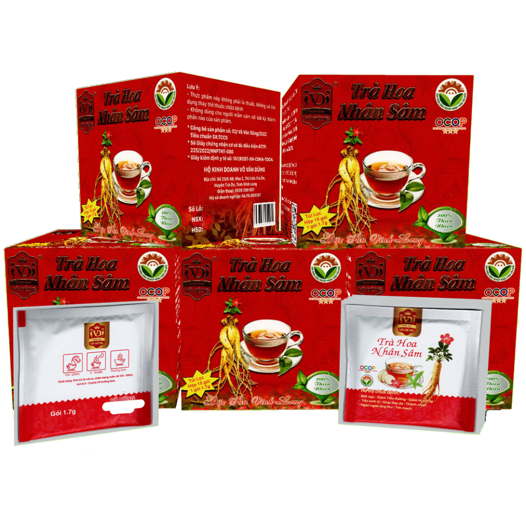 COMBO 5 - Trà Hoa Nhân Sâm Bố Chính - Võ Dũng (Đặc Sản Vĩnh Long, Hộp 15 túi lọc, mỗi túi 1,7g) - Trà túi lọc