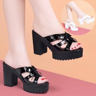Giày Cao Gót Nữ Đế Vuông Quai Da Bóng Hở Mũi Nơ Xinh Sang Trọng Size 35-40, Chiều Cao 9cm, Màu Đen Trắng - CG133