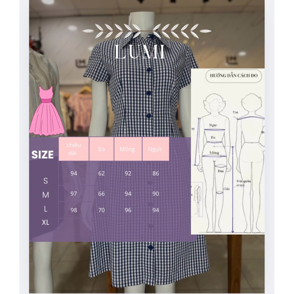 LUMI - Đầm công sở nữ kẻ caro dáng chữ A suông dài qua gối có chun lưng chiết eo tôn dáng, trẻ trung