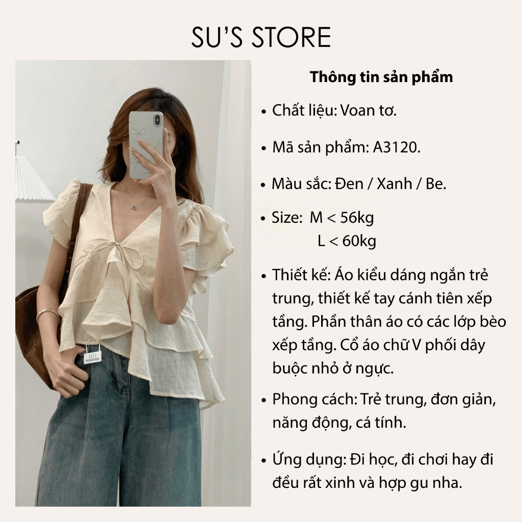 Áo Voan Tơ Cổ V Tay Hến Bèo Tầng A3120 Su Chang Thời Trang Nữ