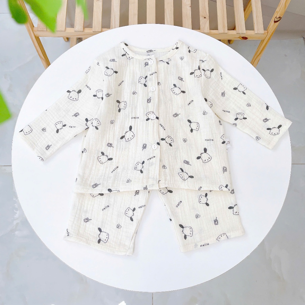 Pijama bé trai bé gái tay dài xô muslin Lá Homewear A109, đồ ngủ bé trai xô đũi cổ tròn caro