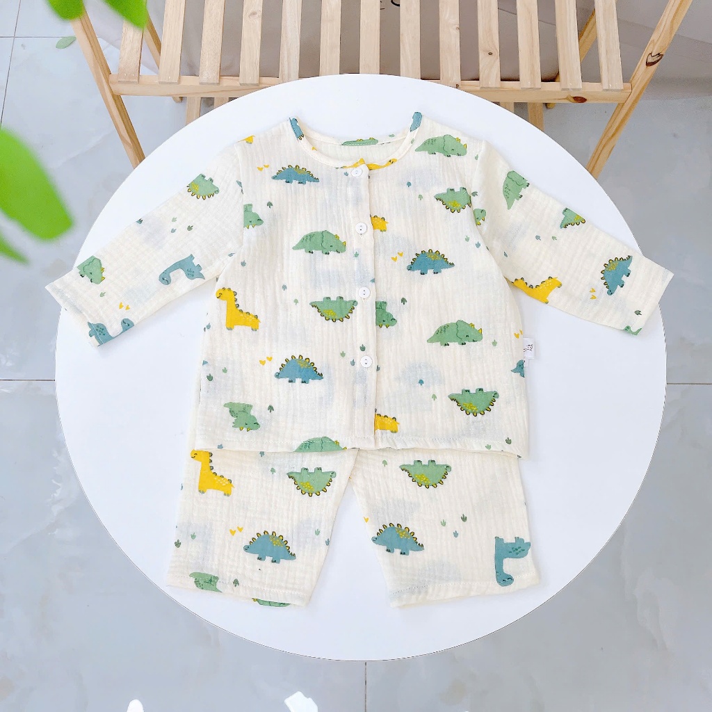 Pijama bé trai bé gái tay dài xô muslin Lá Homewear A109, đồ ngủ bé trai xô đũi cổ tròn caro