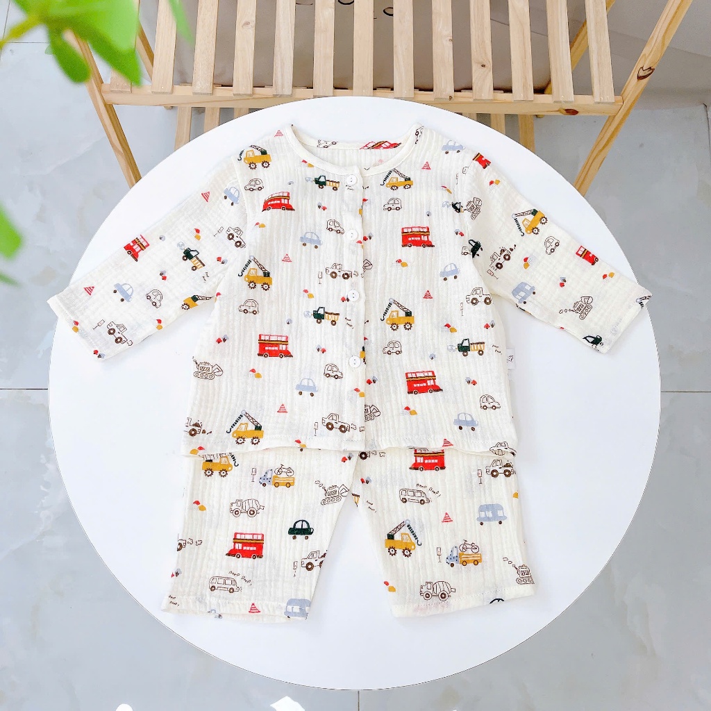Pijama bé trai bé gái tay dài xô muslin Lá Homewear A109, đồ ngủ bé trai xô đũi cổ tròn caro