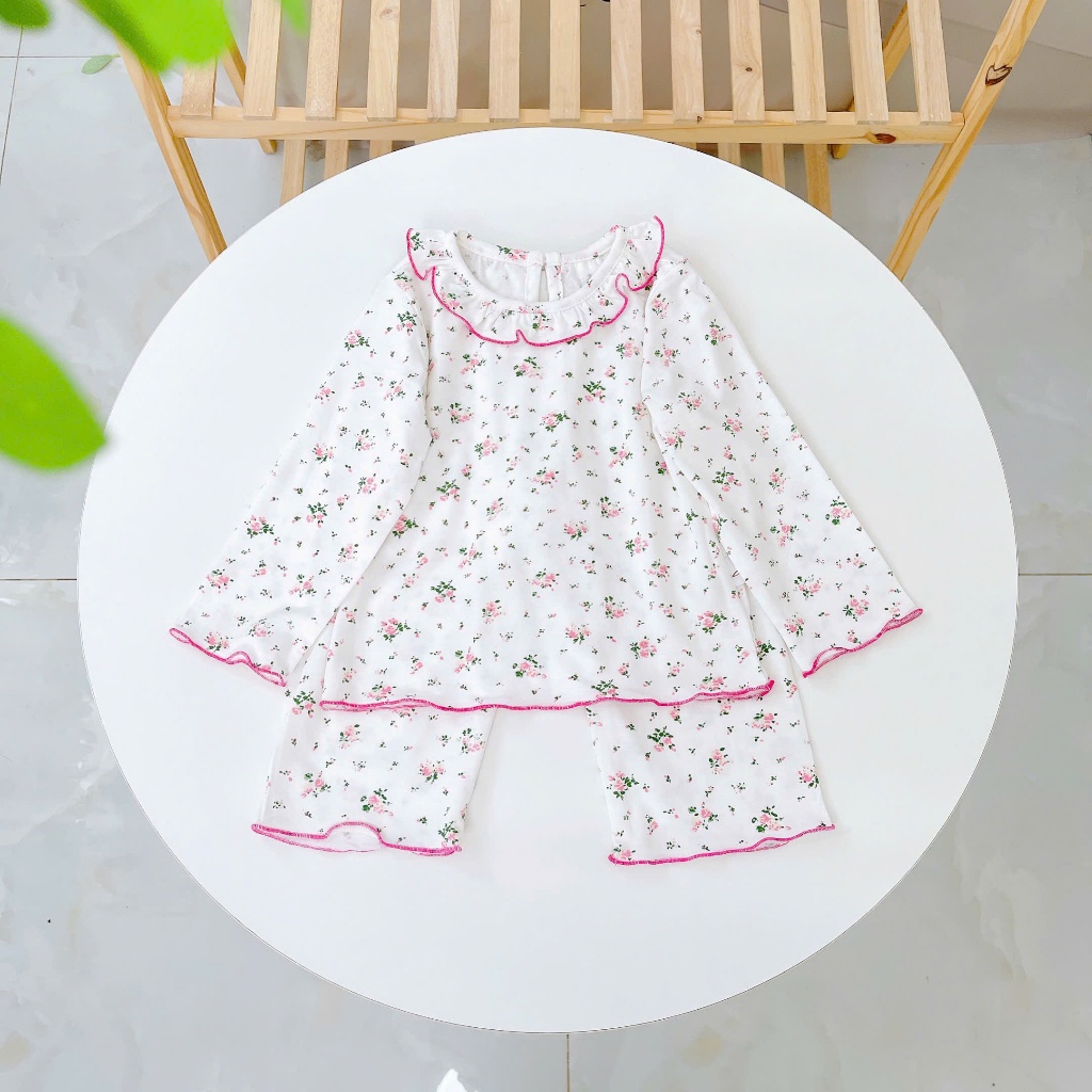 Đồ dài tay bé gái 95% sợi sồi Modal Ice Cool Lá Homewear A321, pijama cho bé hoa nhí cổ bèo xinh xắn