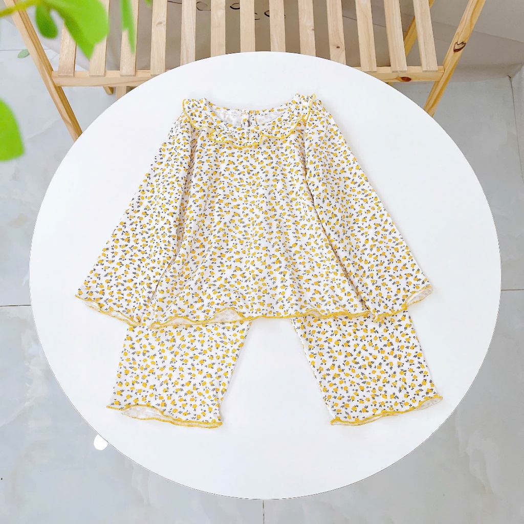 Đồ dài tay bé gái 95% sợi sồi Modal Ice Cool Lá Homewear A321, pijama cho bé hoa nhí cổ bèo xinh xắn