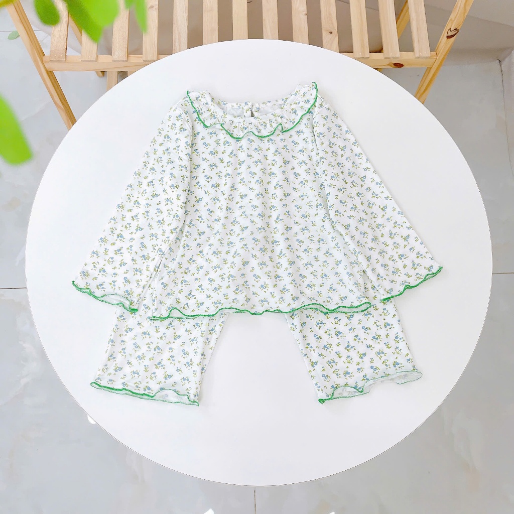 Đồ dài tay bé gái 95% sợi sồi Modal Ice Cool Lá Homewear A321, pijama cho bé hoa nhí cổ bèo xinh xắn
