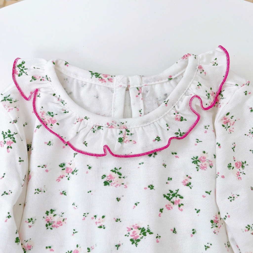 Đồ dài tay bé gái 95% sợi sồi Modal Ice Cool Lá Homewear A321, pijama cho bé hoa nhí cổ bèo xinh xắn