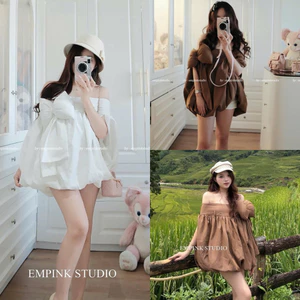 Áo Trễ Vai Xỏ Tay Nơ Bông To 3 Màu Dáng Bí Phồng Hàng 2 Lớp