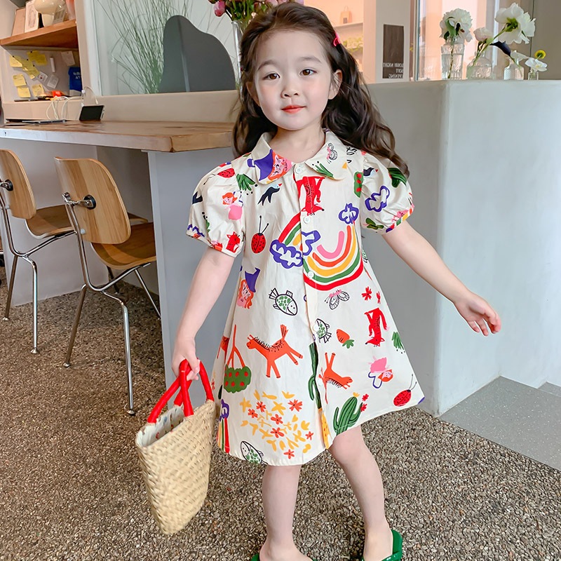 Váy Cho Bé Gái HANIA KIDS, Váy Sơ Mi Họa Tiết Dễ Thương Chất Liệu Thô Mềm Mại