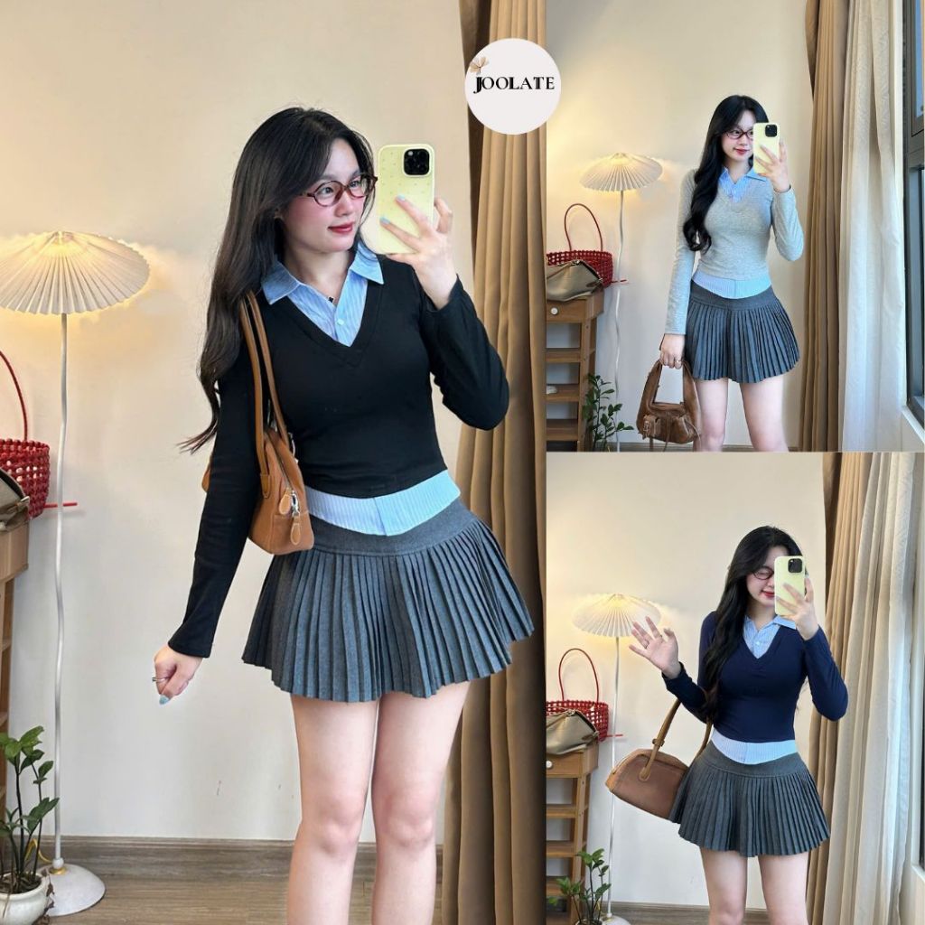 Áo Thun Joolate Phối Cổ & Vạt Sơ Mi - Dáng Ôm Body, Áo Công Sở Thanh Lịch, Mặc Đi Học & Đi Làm 1118_P7k4