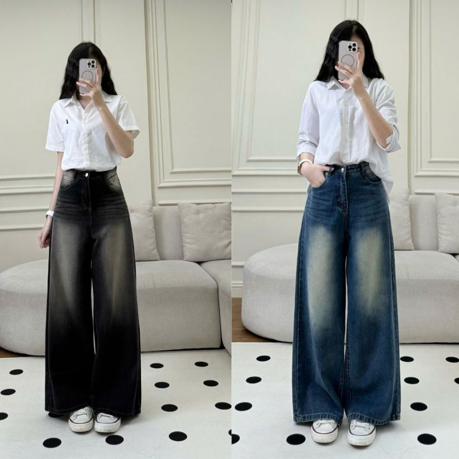 Quần Jean Nữ Ống Rộng Cạp Cao Joolate Màu Rêu RETRO Dáng Suông Vintage Hàn Quốc - Quần Bò Ống Đứng Đi Học, Đi Làm