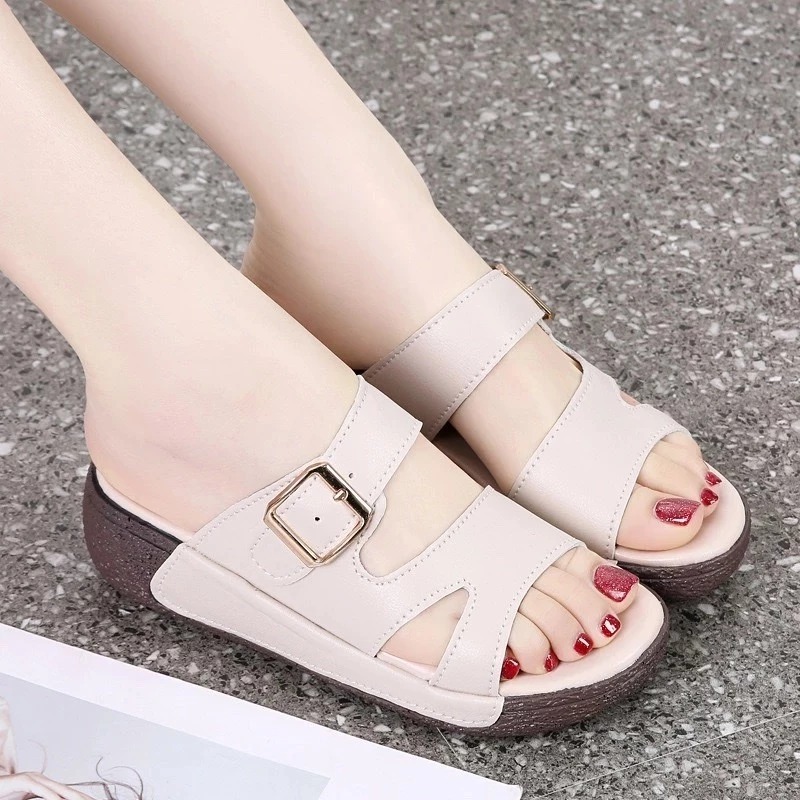 Dép đế xuồng nữ da thật KHUY CẠNH 5cm chống thấm nước – tôn dáng sang chảnh, siêu êm chân