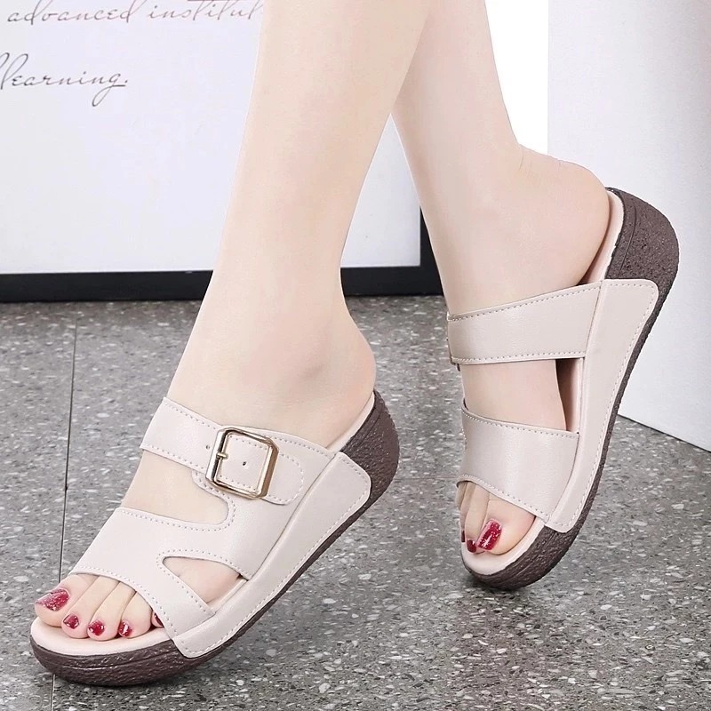 Dép đế xuồng nữ da thật KHUY CẠNH 5cm chống thấm nước – tôn dáng sang chảnh, siêu êm chân
