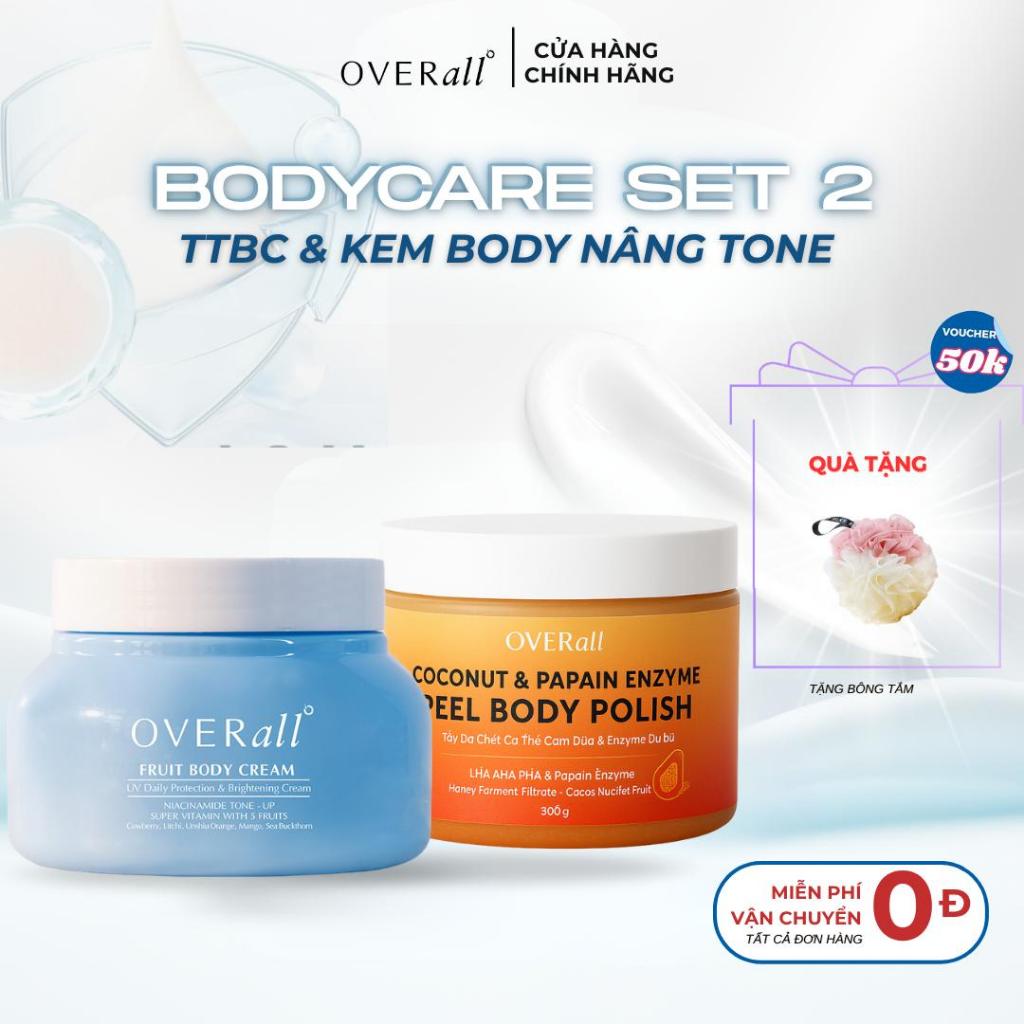 [BODY SET]  Tẩy Da Chết Cơm Dừa & Kem Dưỡng Trắng OVERall - Dưỡng Ẩm mịn Trắng hồng Nâng Tone