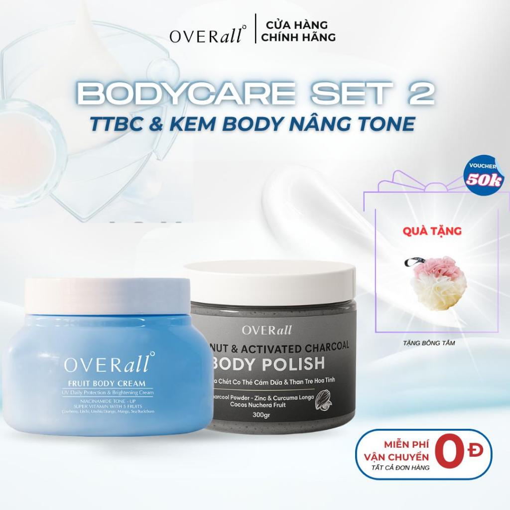 [BODY SET]  Tẩy Da Chết Cơm Dừa & Kem Dưỡng Trắng OVERall - Dưỡng Ẩm mịn Trắng hồng Nâng Tone